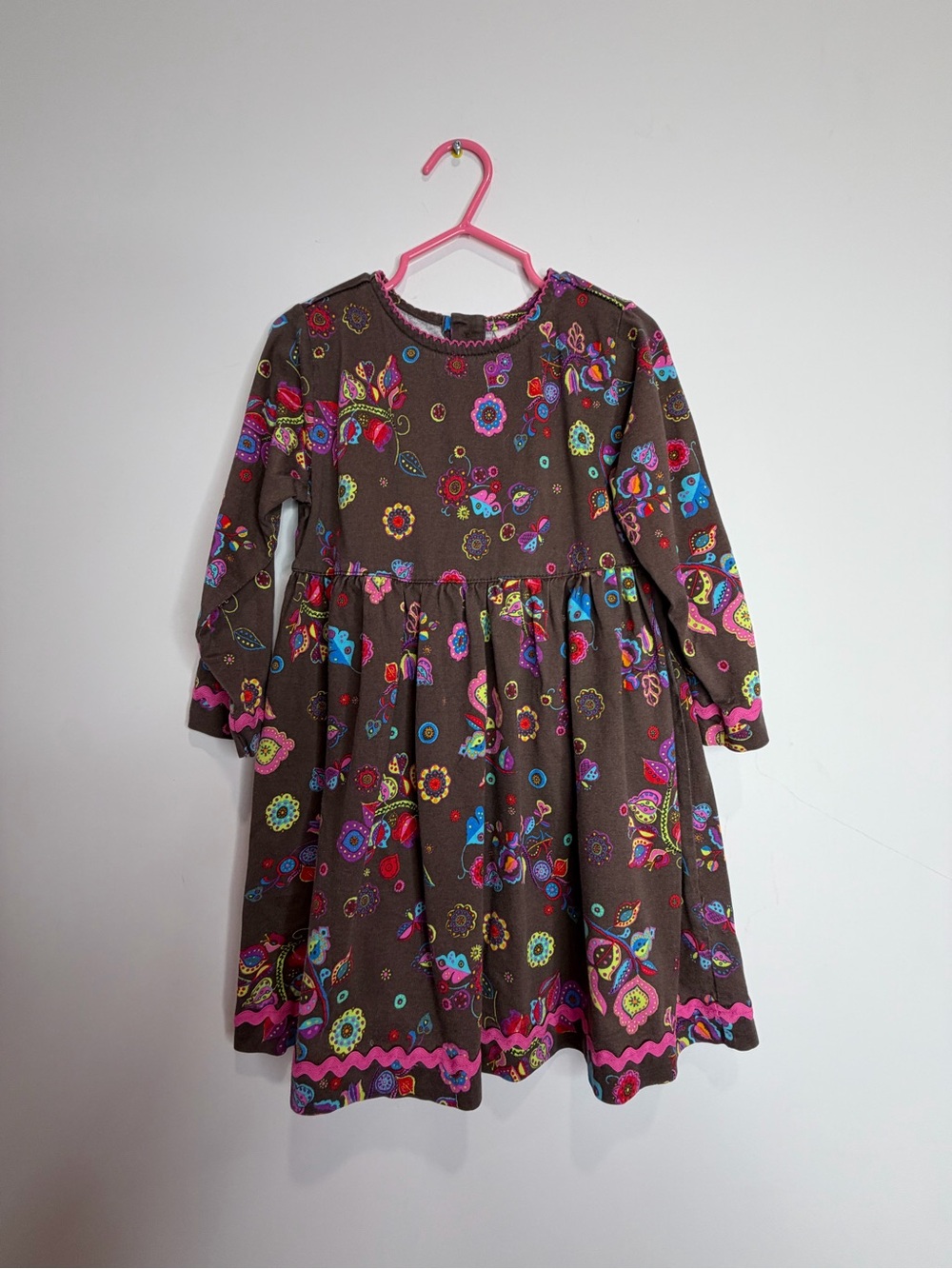 Hanna Andersson Brown Dress with Colourful Floral Print Girls Size 3T